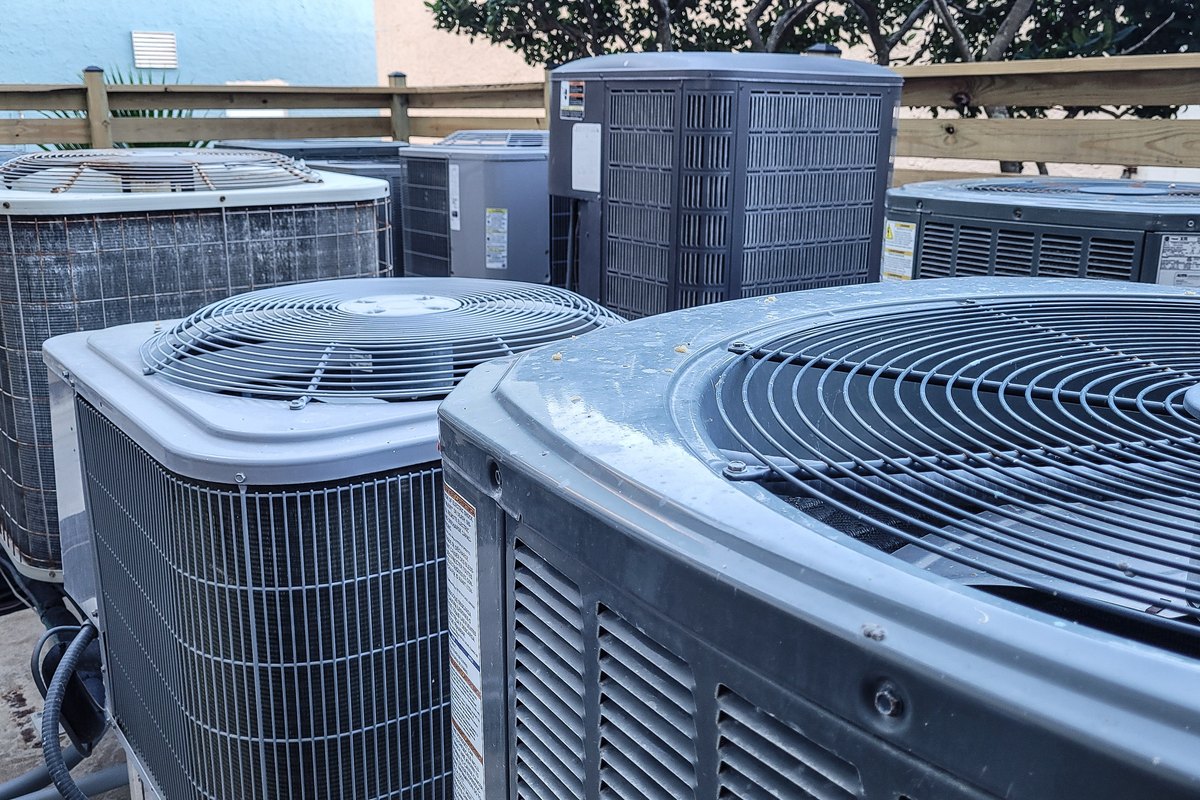 Rows of heating and cooling equipment in a supply warehouse